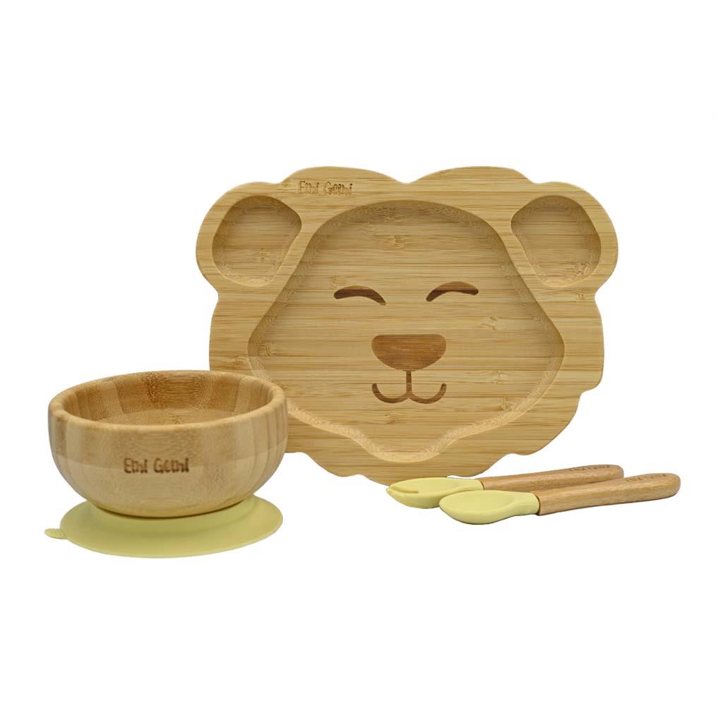 Set vesela din bambus pentru copii, 4 piese, forma leu Galben