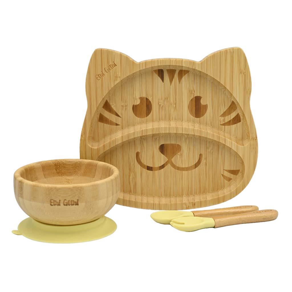 Set vesela din bambus pentru copii, 4 piese, forma pisica Galben