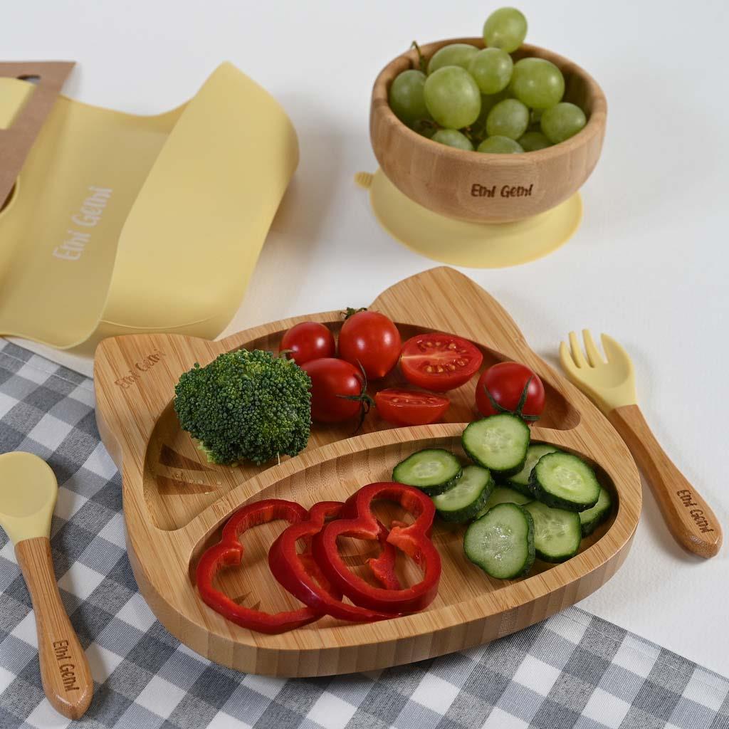 Set vesela din bambus pentru copii, 4 piese, forma pisica Galben