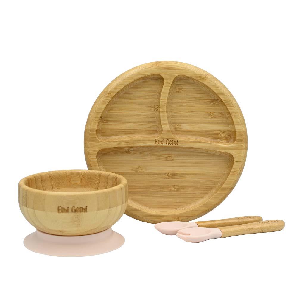 Set vesela din bambus pentru copii, 4 piese, forma sectionata Roz