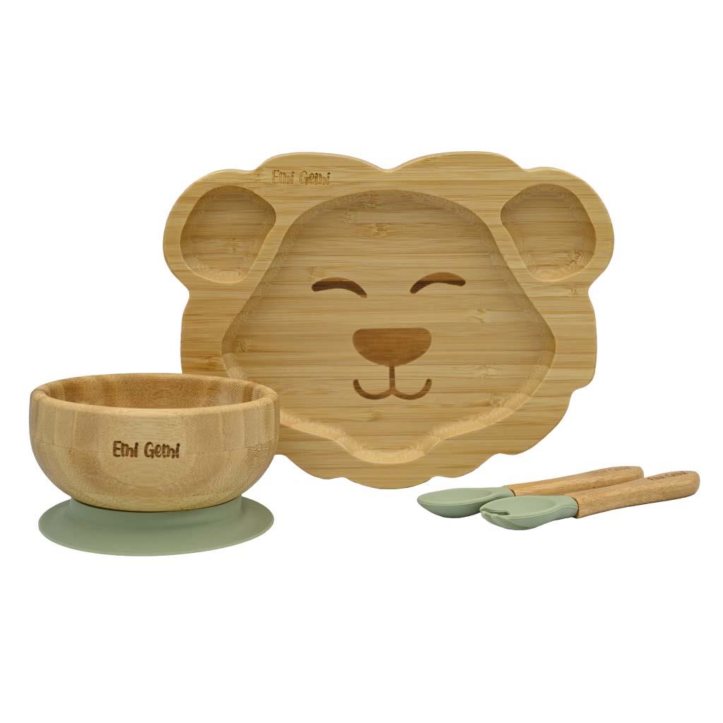 Set vesela din bambus pentru copii, 4 piese, forma leu Verde