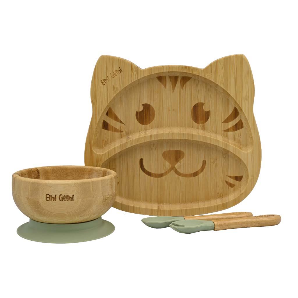 Set vesela din bambus pentru copii, 4 piese, forma pisica Verde