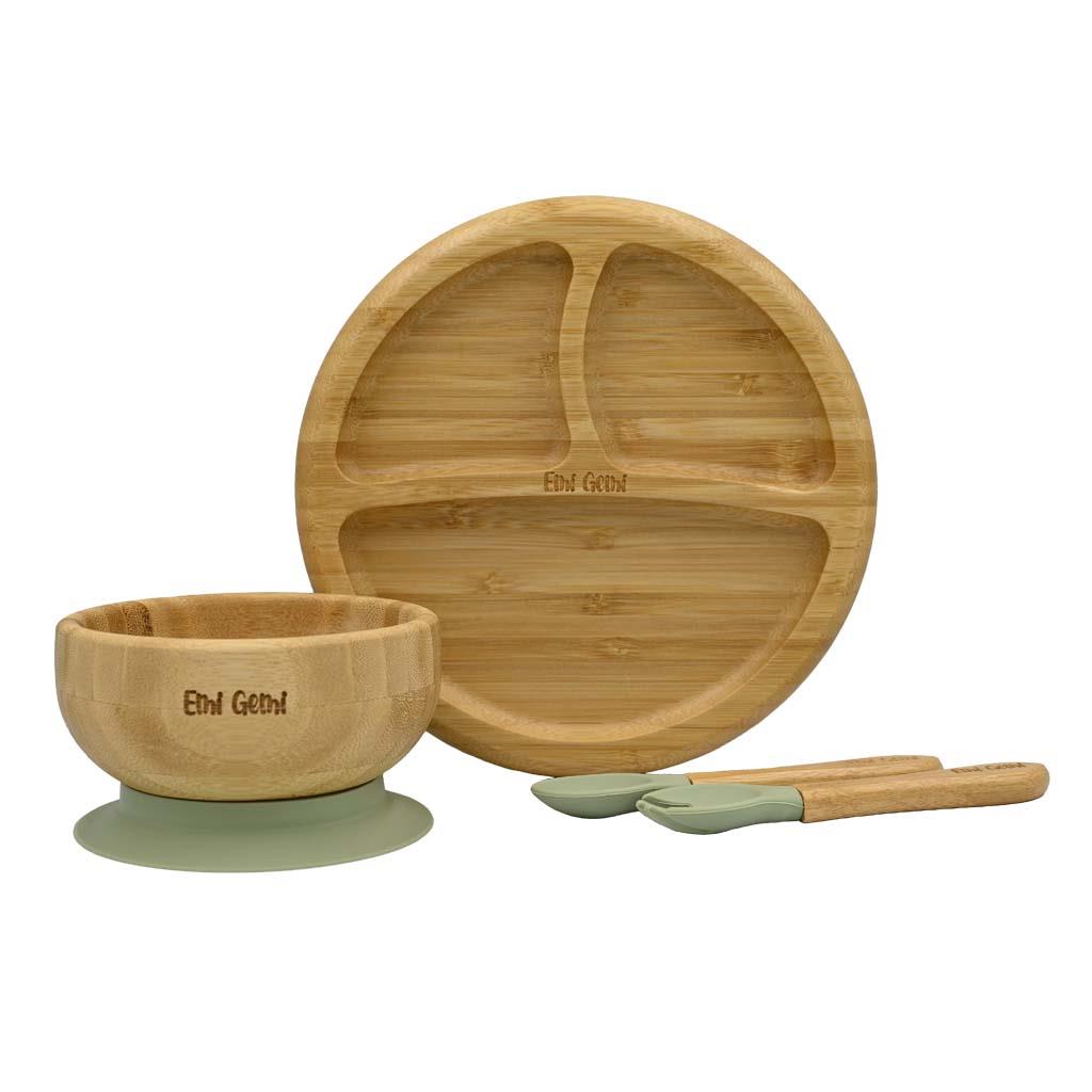 Set vesela din bambus pentru copii, 4 piese, forma sectionata Verde