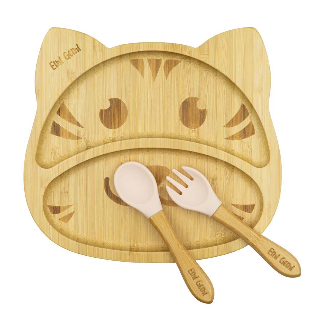 Set diversificare Starter – veselă bambus 3 piese, forma Pisica